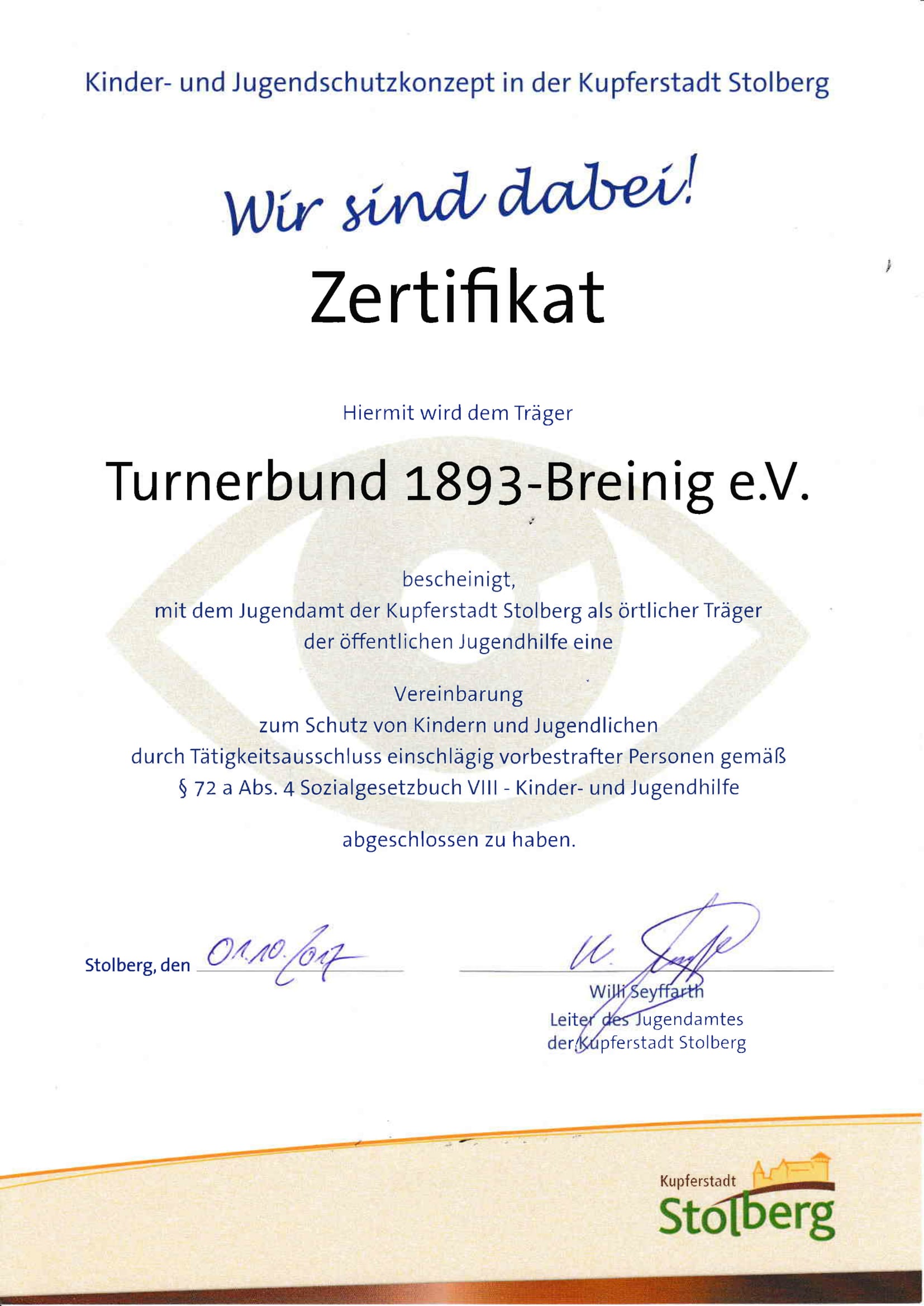 JA Stolberg Zertifikat